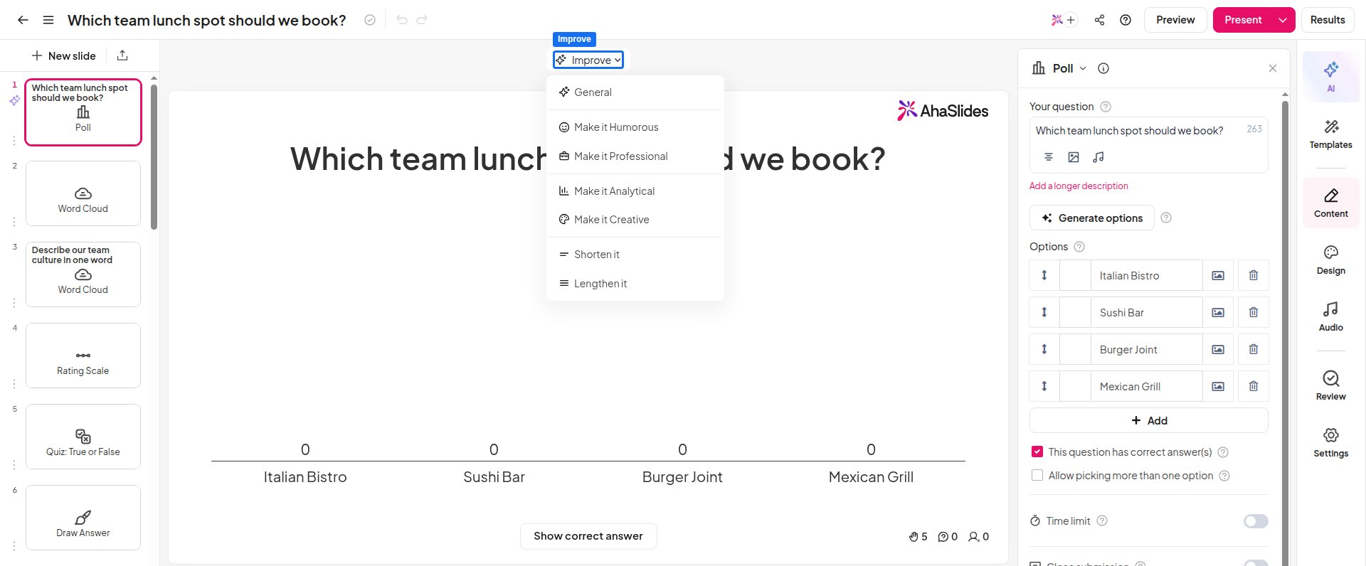 AhaSlides エディターで開いた改善メニュー。スライドの文章を磨くためのトーン、スタイル、長さのオプションが表示されています