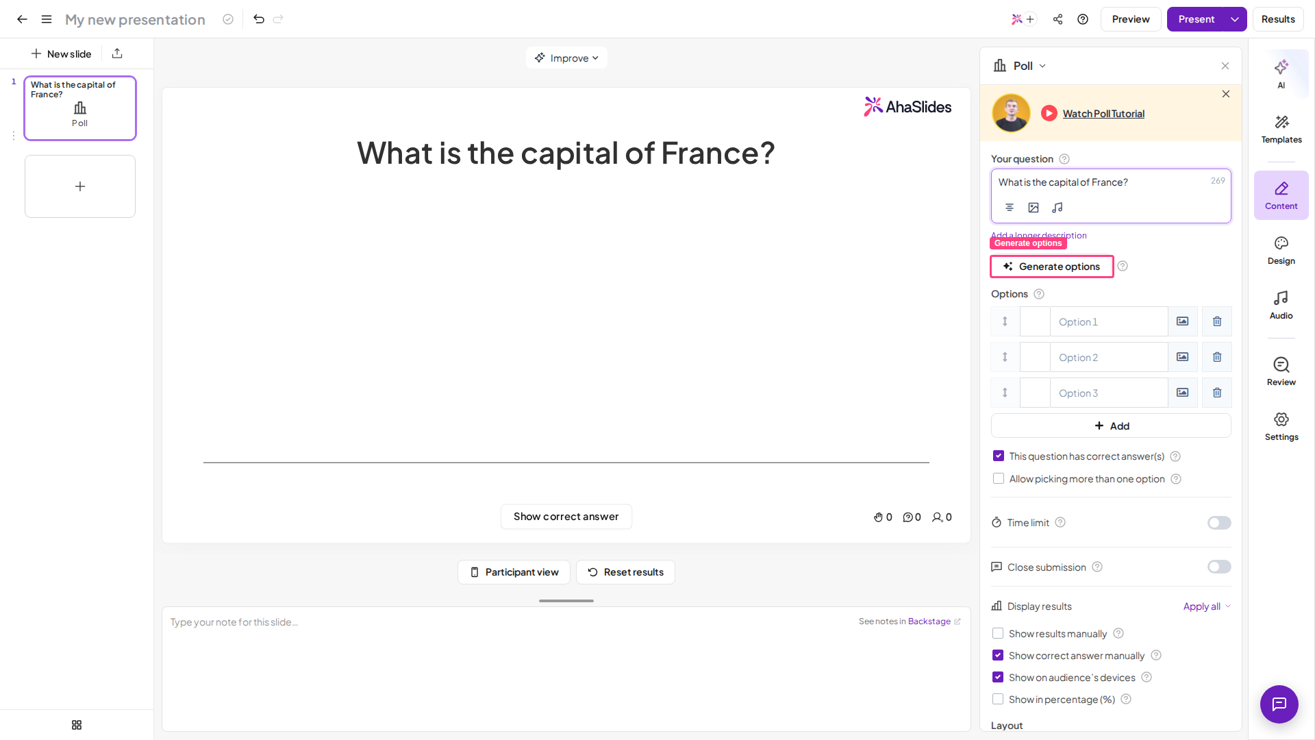 The Content tab of an AhaSlides slide with a question typed and the Generate options button highlighted for AI answer generation