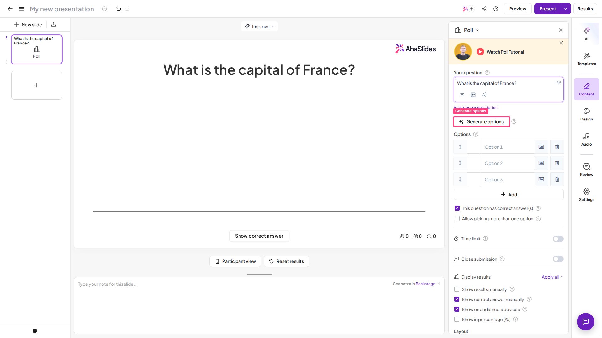 The Content tab of an AhaSlides slide with a question typed and the Generate options button highlighted for AI answer generation