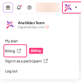 El menú de la cuenta de AhaSlides, abierto desde la foto de perfil en la esquina superior derecha, con Facturación resaltado