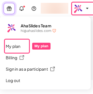 El menú de la cuenta de AhaSlides, abierto desde la foto de perfil en la esquina superior derecha, con Mi plan resaltado