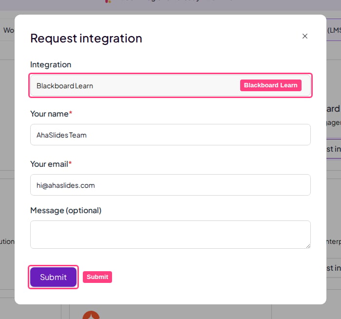 Le formulaire Request integration pour Blackboard Learn dans AhaSlides, avec le champ Integration et le bouton Envoyer mis en évidence