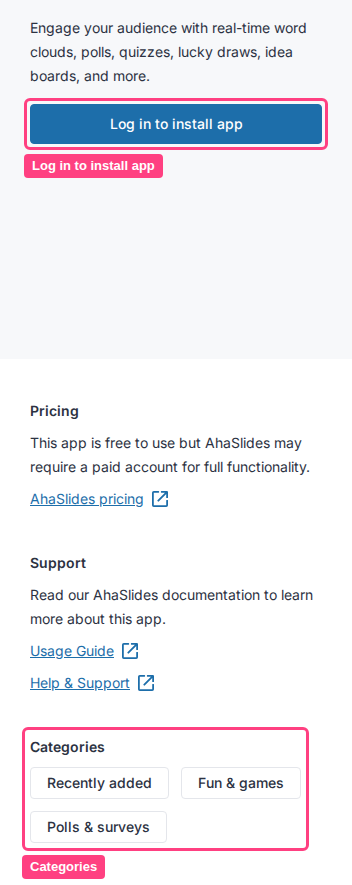 La ficha de la aplicación de AhaSlides en la App Store de RingCentral Events, con Log in to install app y Categories resaltados