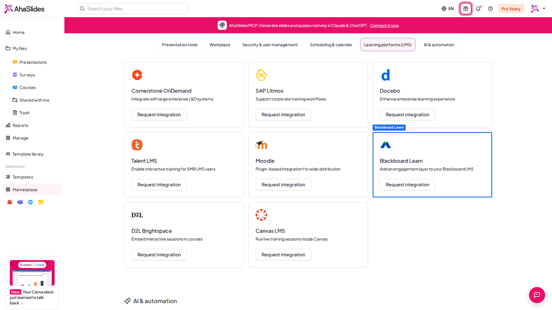 AhaSlides Marketplace 的 Learning platforms (LMS) 选项卡,突出显示了 Blackboard Learn 卡片