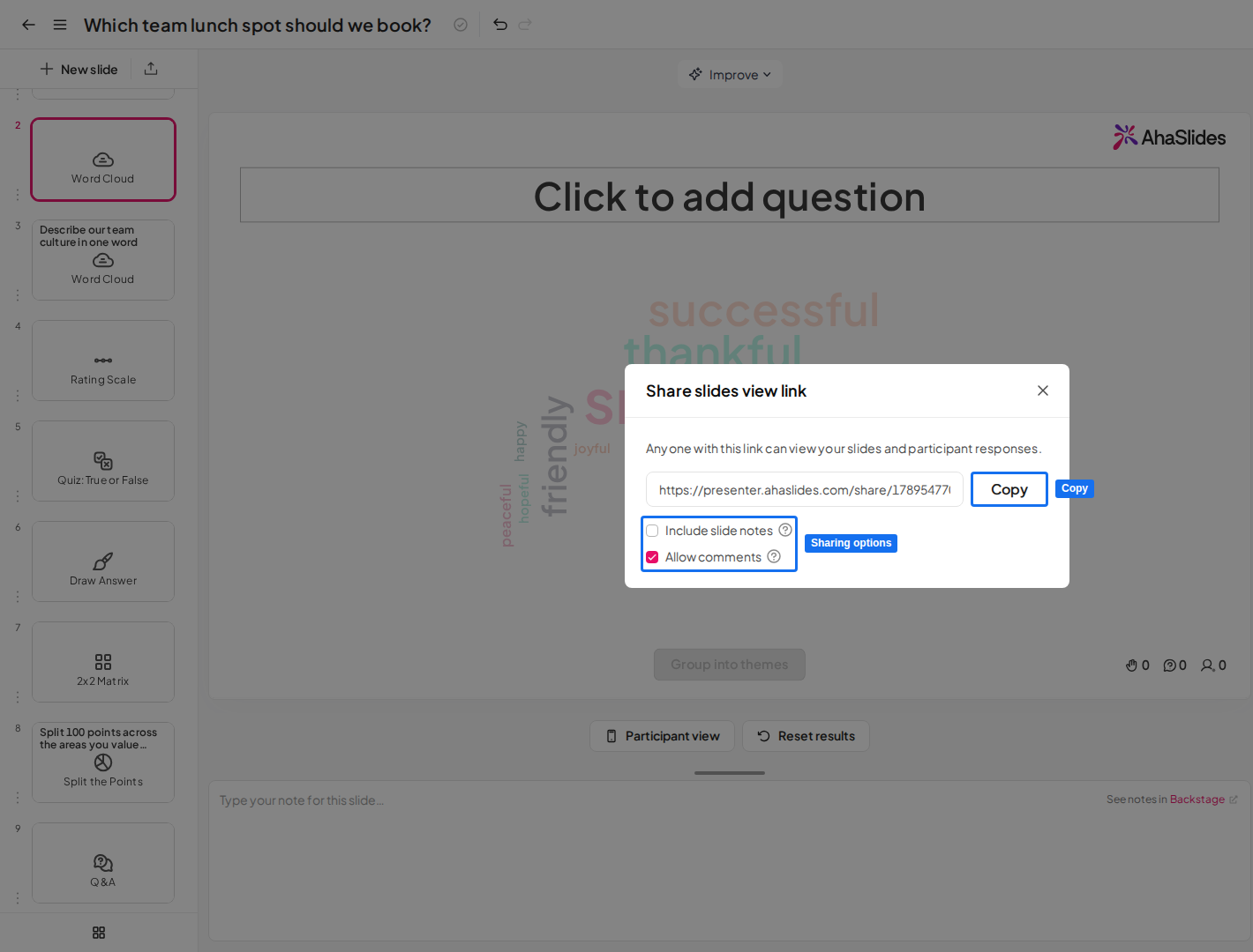La finestra Condividi link visualizzazione diapositive in AhaSlides, con Copia e le opzioni per note e commenti delle slide evidenziate