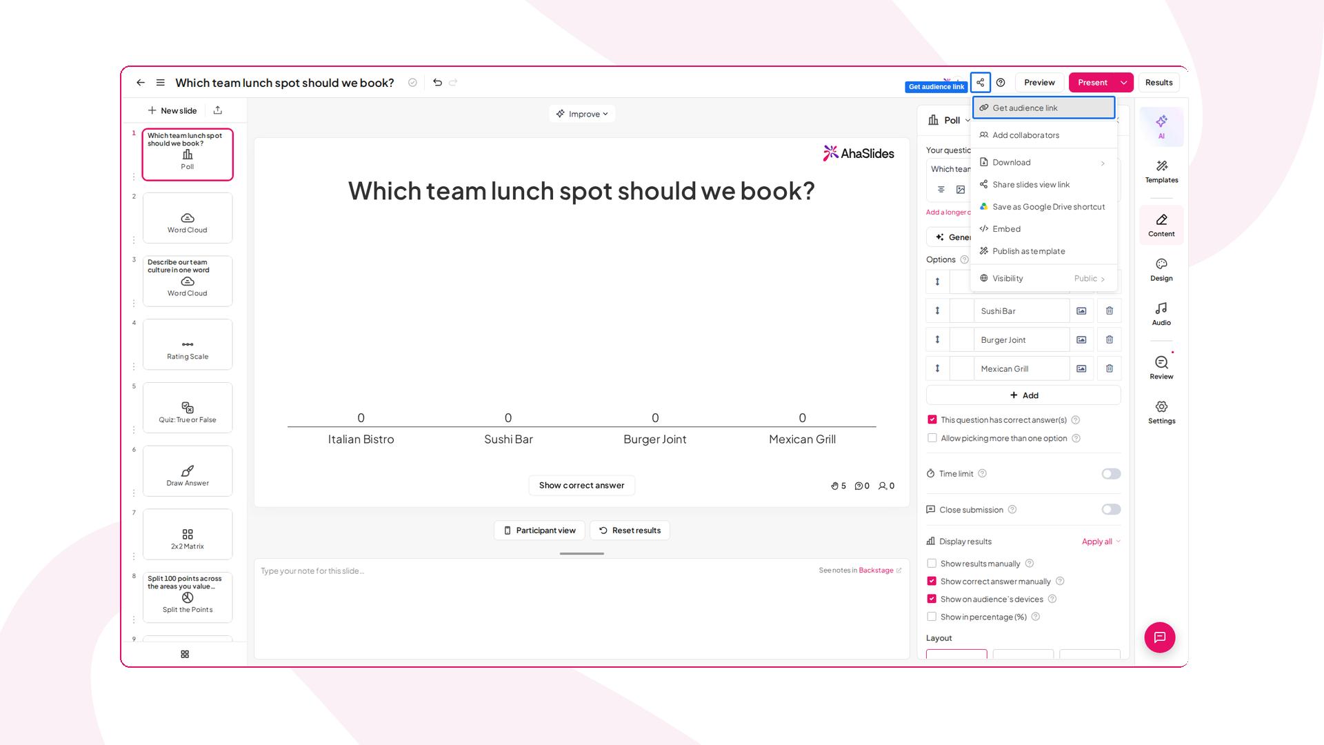Webex ミーティング用の投票リンクをコピーするために、オーディエンスリンクを取得が強調表示された AhaSlides の共有メニュー