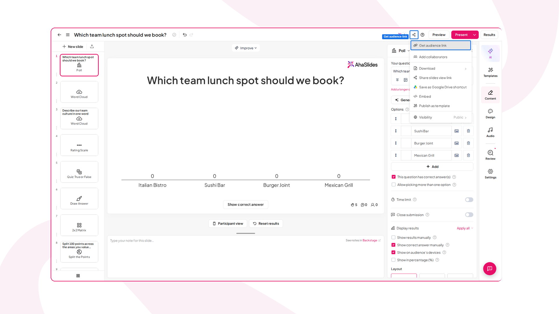 O menu Share do AhaSlides com Get audience link destacado, usado para copiar o link de votação de uma reunião do Webex