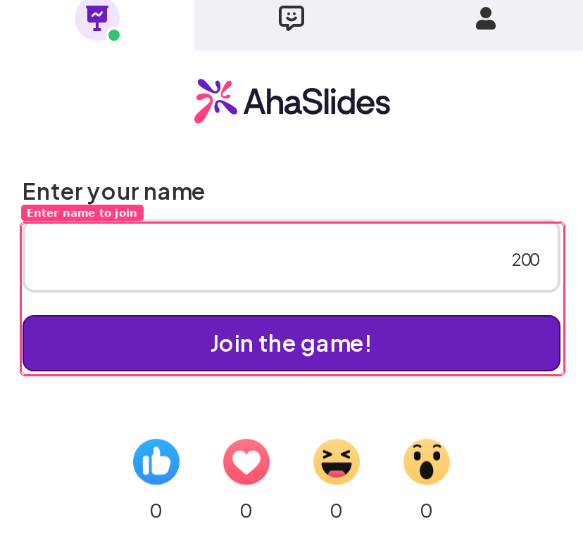La pantalla del participante de AhaSlides con el campo Enter your name y el botón Join the game resaltados