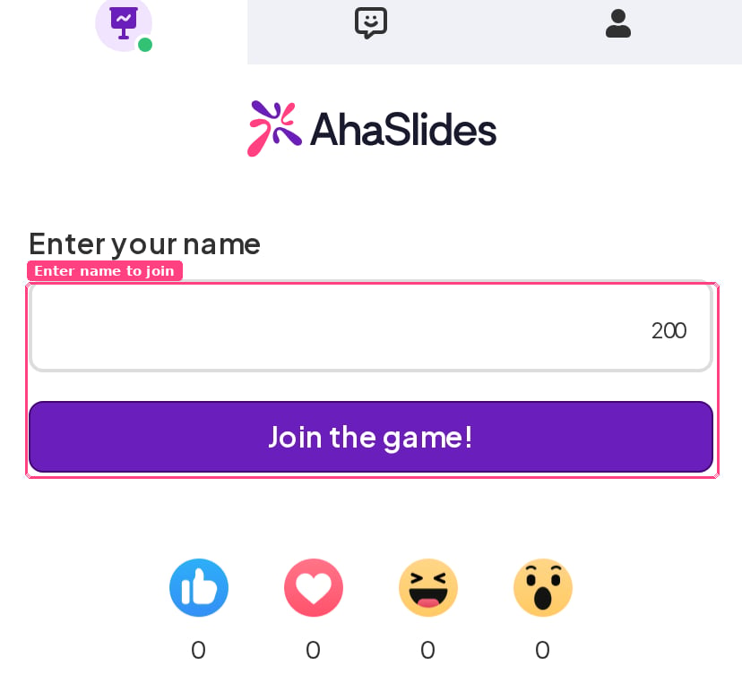 La pantalla del participante de AhaSlides con el campo Enter your name y el botón Join the game resaltados