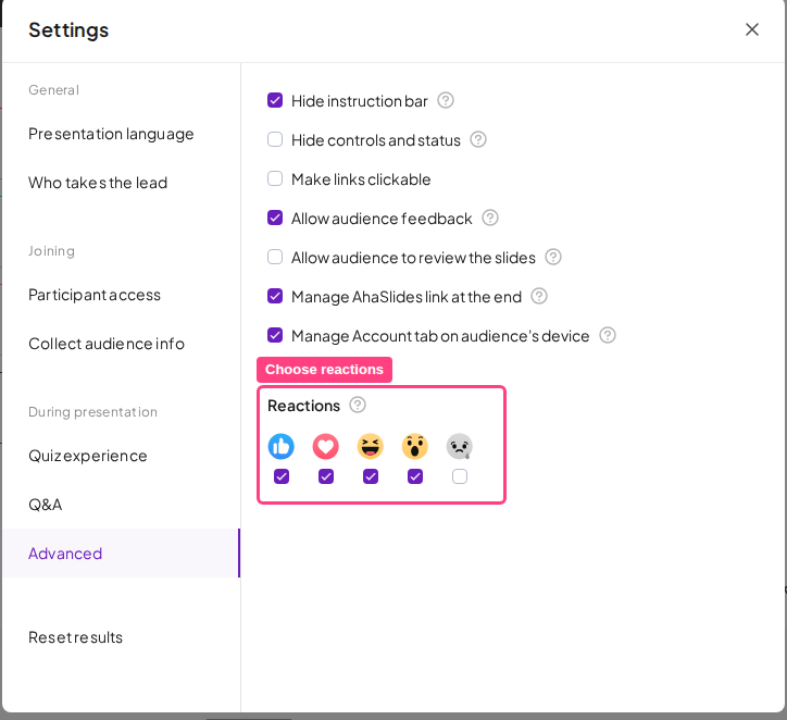La sección Reacciones de la pestaña Avanzado de la configuración de AhaSlides, con una casilla para cada reacción que puede enviar tu público