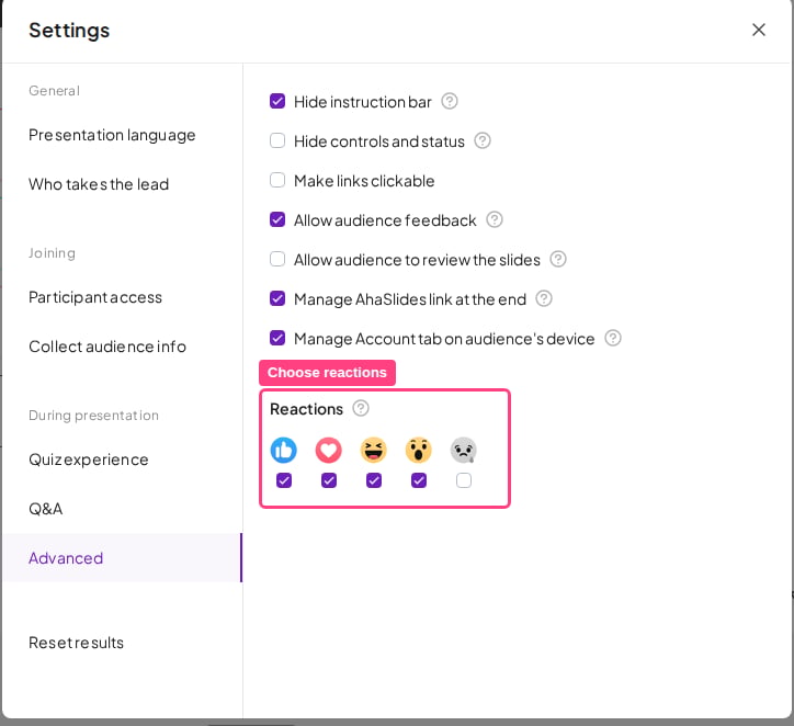 La sección Reacciones de la pestaña Avanzado de la configuración de AhaSlides, con una casilla para cada reacción que puede enviar tu público