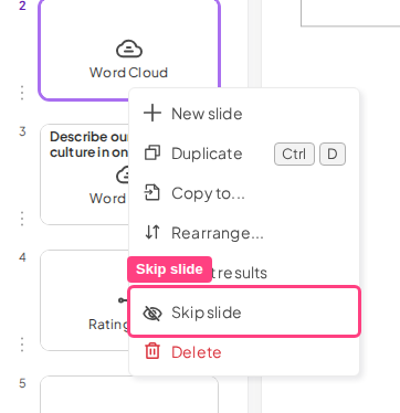 El menú del botón derecho de una diapositiva en el editor de AhaSlides, con la opción Omitir slide resaltada para ocultar una diapositiva al presentar