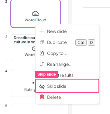 El menú del botón derecho de una diapositiva en el editor de AhaSlides, con la opción Omitir slide resaltada para ocultar una diapositiva al presentar