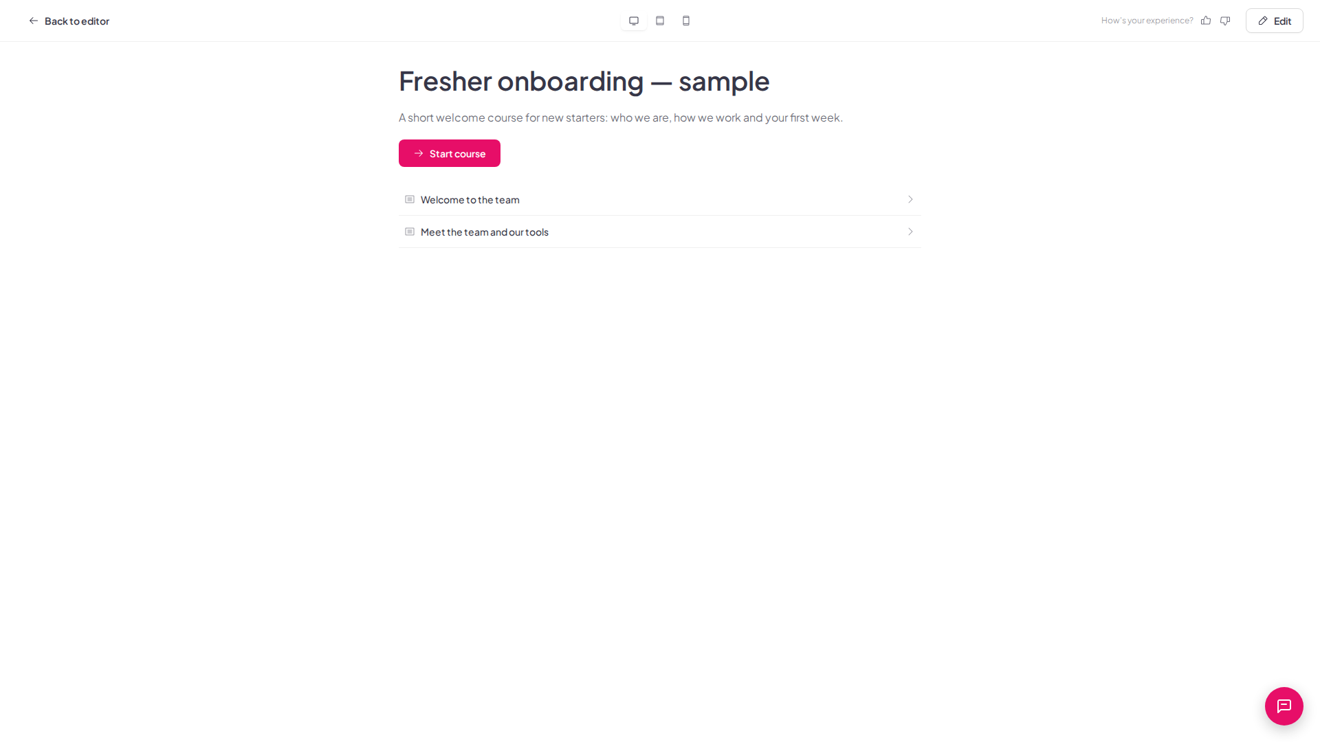 Die AhaSlides-Kursvorschau mit der Lernendenansicht, der Schaltfläche „Start course“ und der Liste der Lektionen