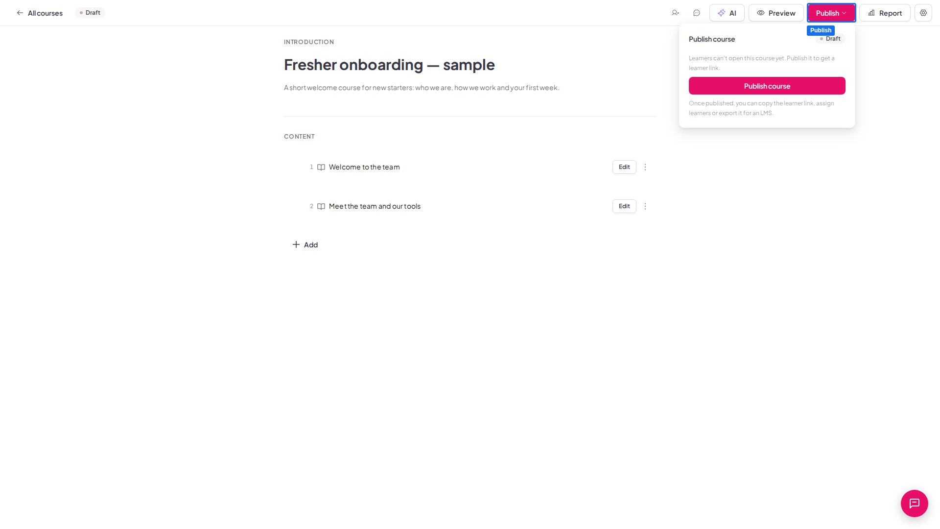 Das Menü „Publish“ von AhaSlides bei einem Kursentwurf, mit der Schaltfläche „Publish course“