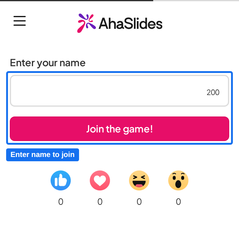 Der AhaSlides-Teilnehmerbildschirm mit hervorgehobenem Feld „Enter your name“ und der Schaltfläche „Join the game“