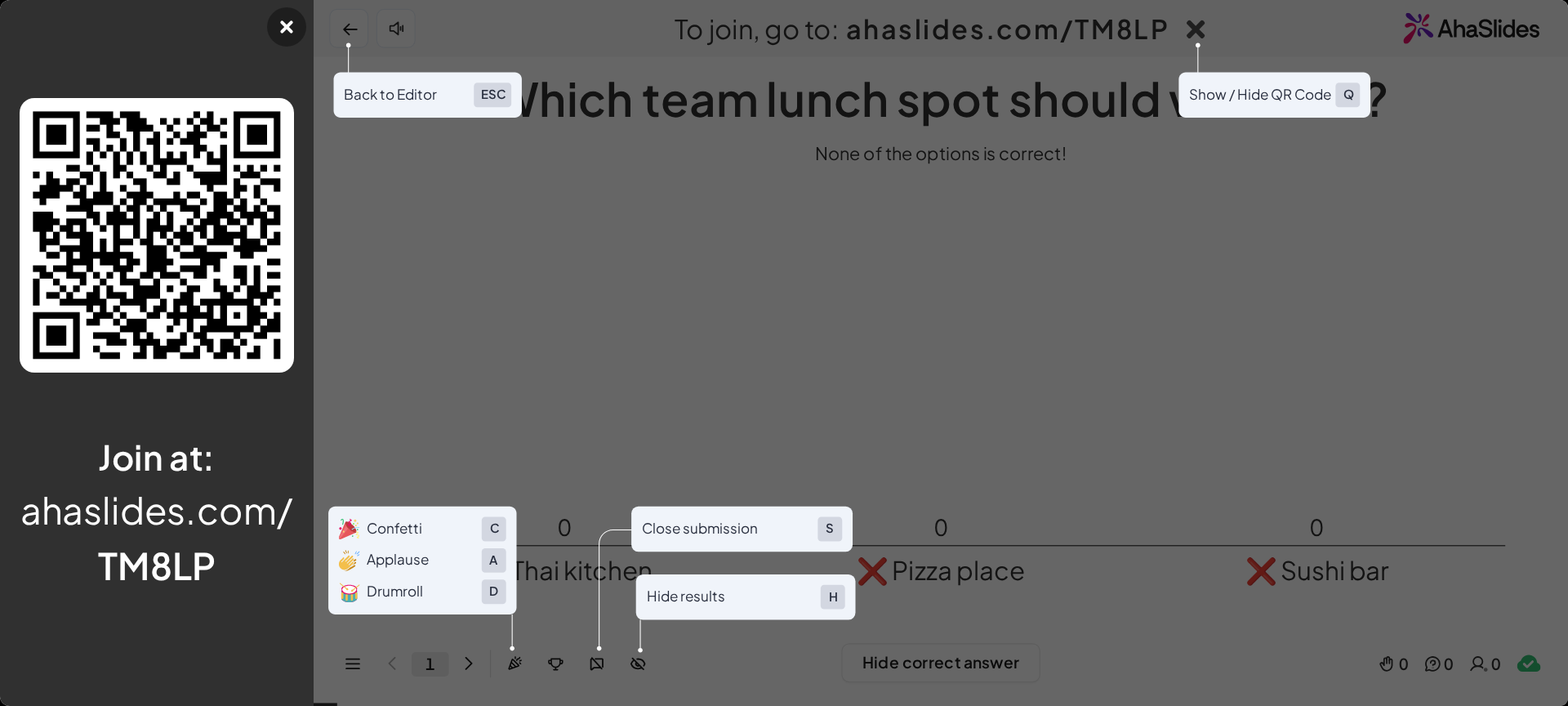 AhaSlides 演示模式，显示返回编辑器、显示或隐藏二维码、彩纸和隐藏结果的键盘快捷键标签