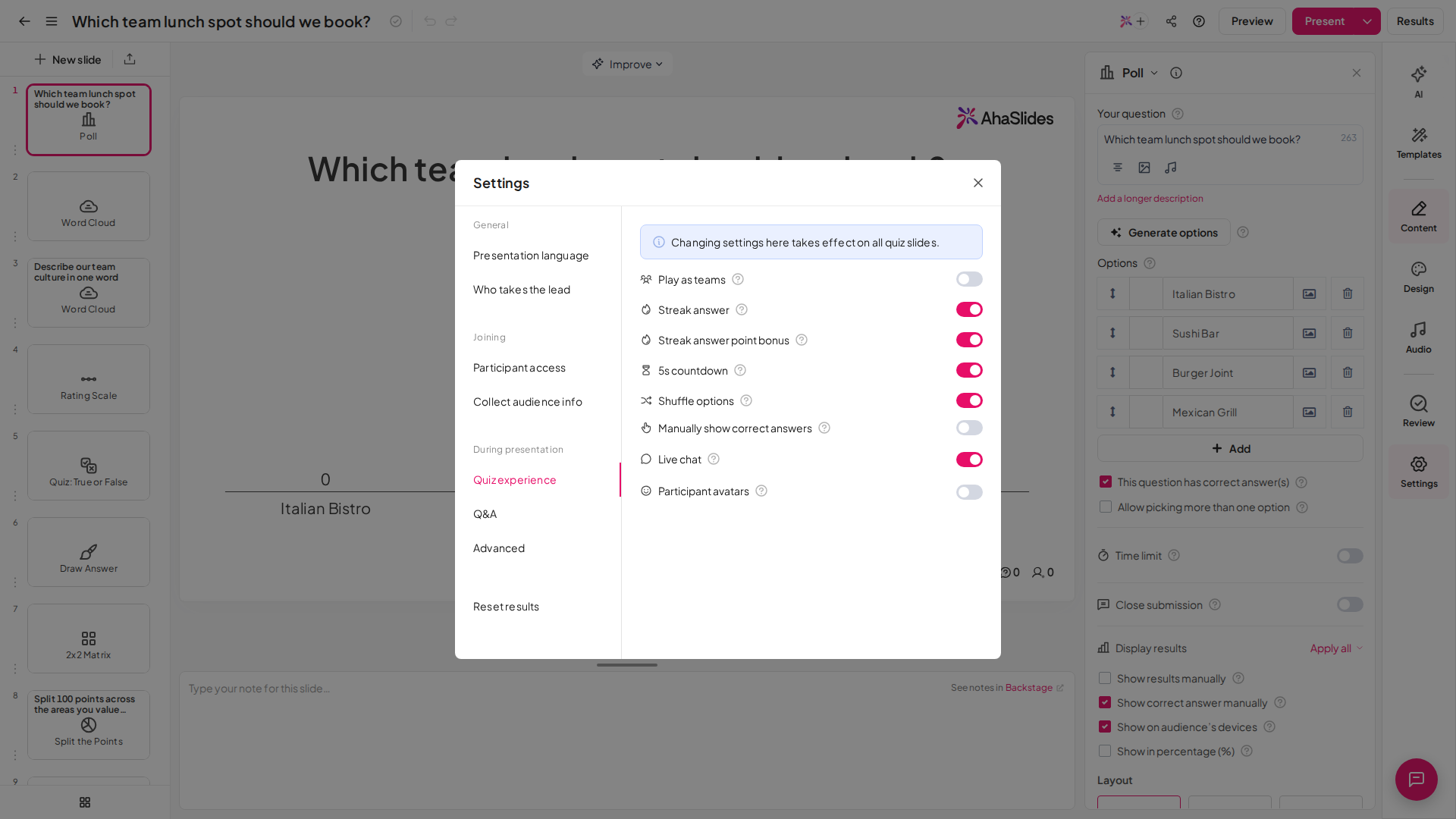 Il pannello delle impostazioni generali del quiz di AhaSlides con le opzioni di gioco a squadre, conto alla rovescia, mescolamento e chat dal vivo