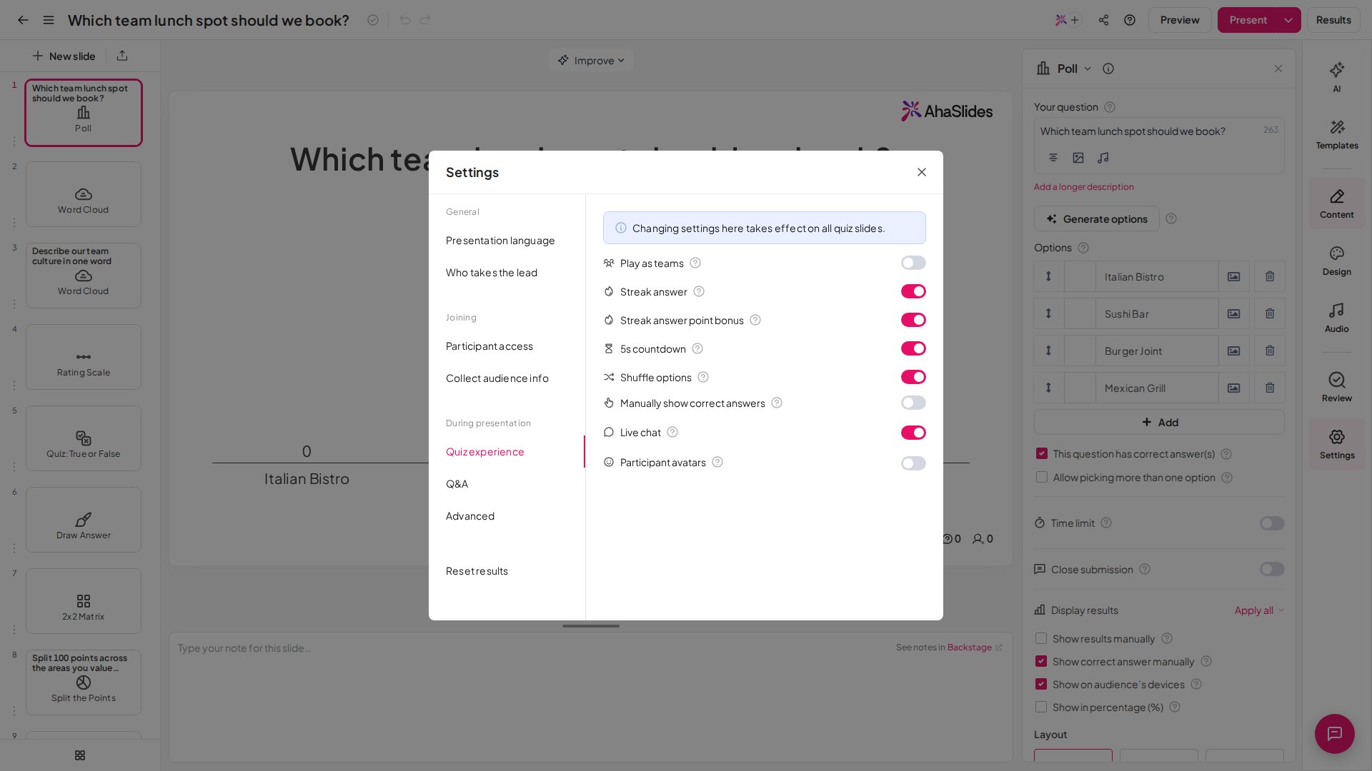 Das Bedienfeld mit den allgemeinen Quiz-Einstellungen von AhaSlides mit Optionen für Teamspiel, Countdown, Mischen und Live-Chat