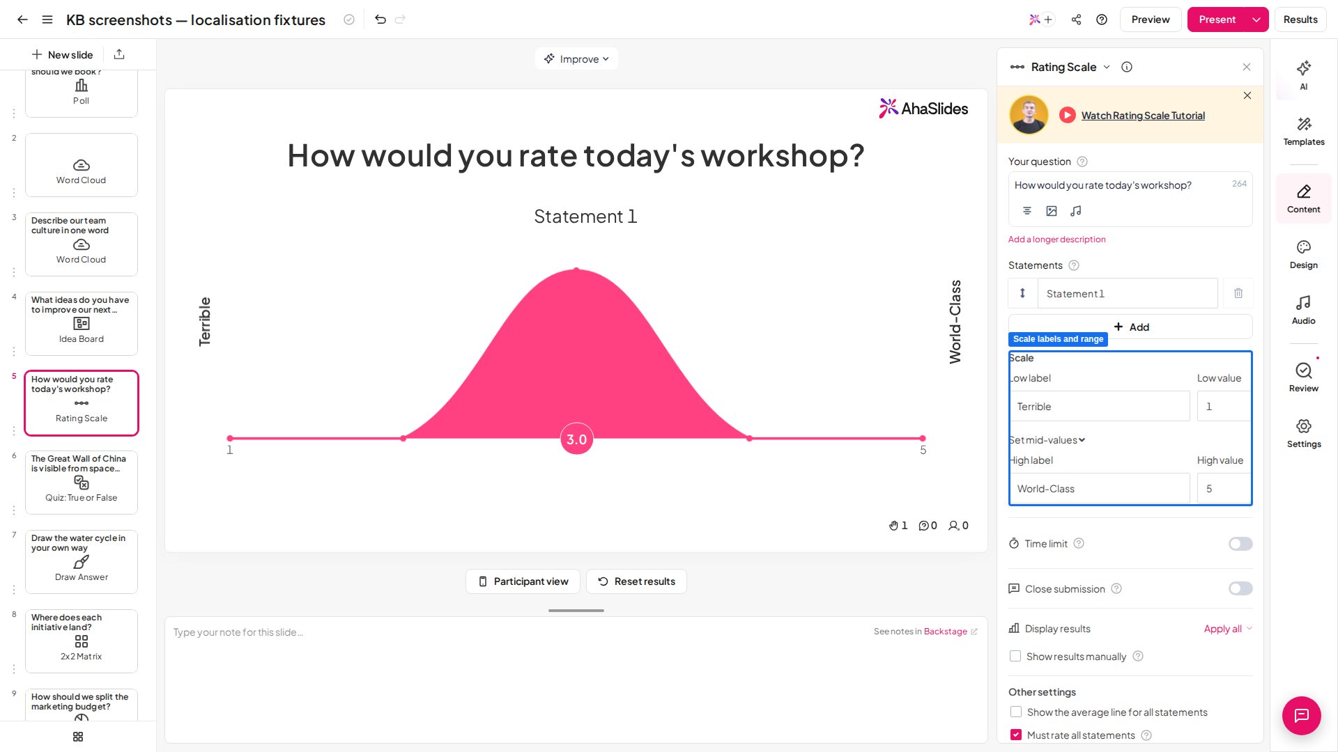 Una slide Rating Scale di AhaSlides nell'editor con le etichette e l'intervallo della scala evidenziati