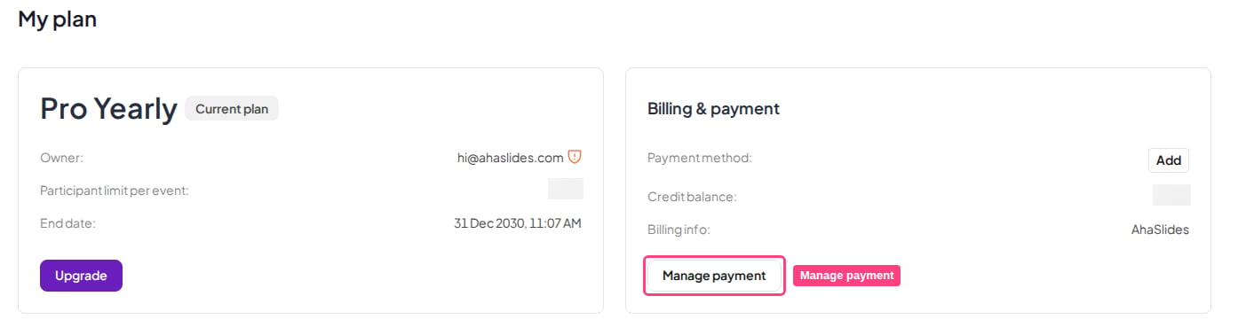 La página Mi plan de AhaSlides, con el botón Administrar pago de la tarjeta Facturación y pago resaltado