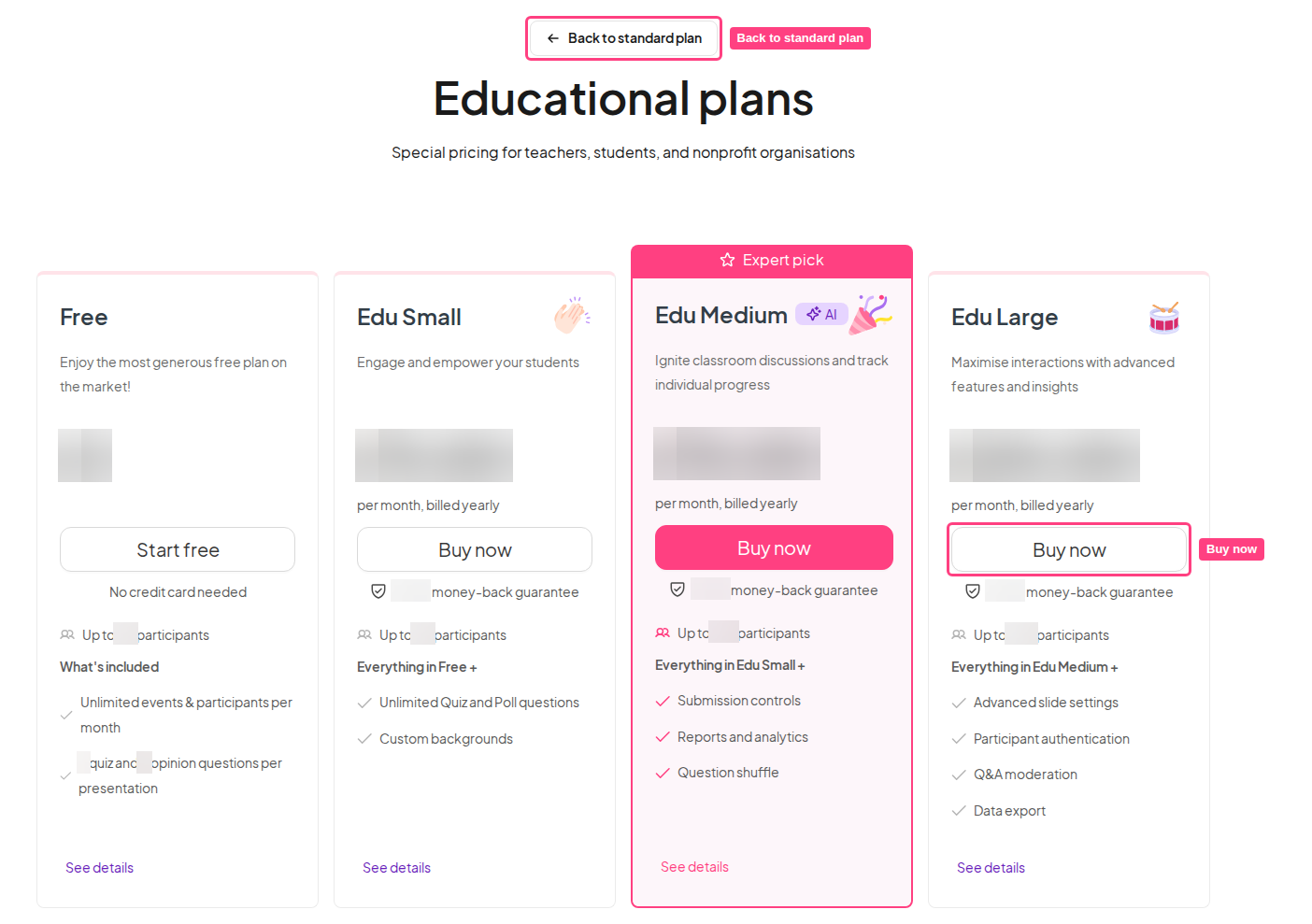 La página de planes educativos, con el botón Volver a los planes estándar y un botón Comprar ahora resaltados