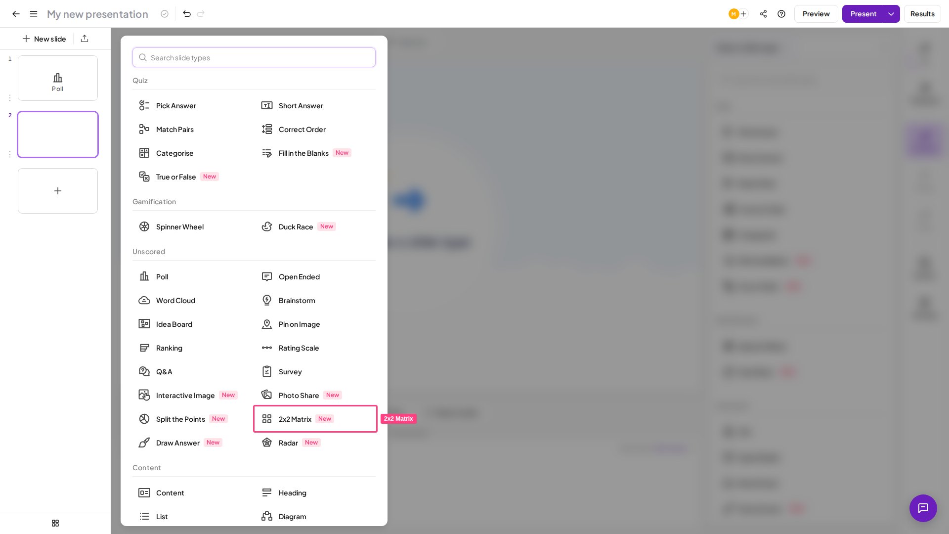 El tipo de diapositiva 2x2 Matrix de AhaSlides resaltado en el selector de tipos de diapositiva