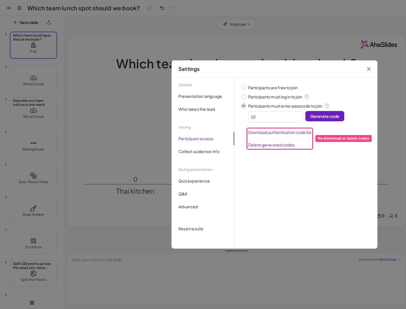 Раздел Participant access в настройках AhaSlides с выделенными пунктами Download authentication code list и Delete generated codes