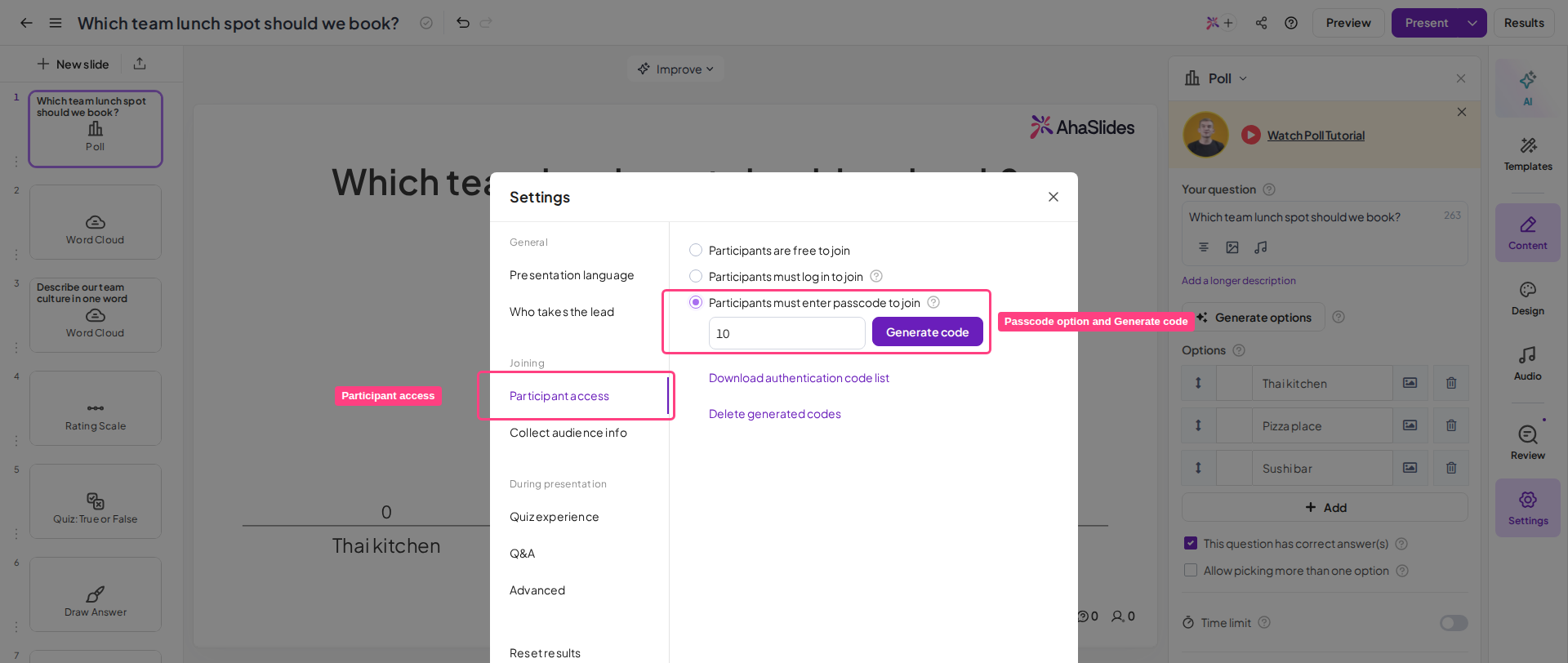 Раздел Participant access в настройках AhaSlides с выделенными параметром кода доступа, полем количества участников и кнопкой Generate code