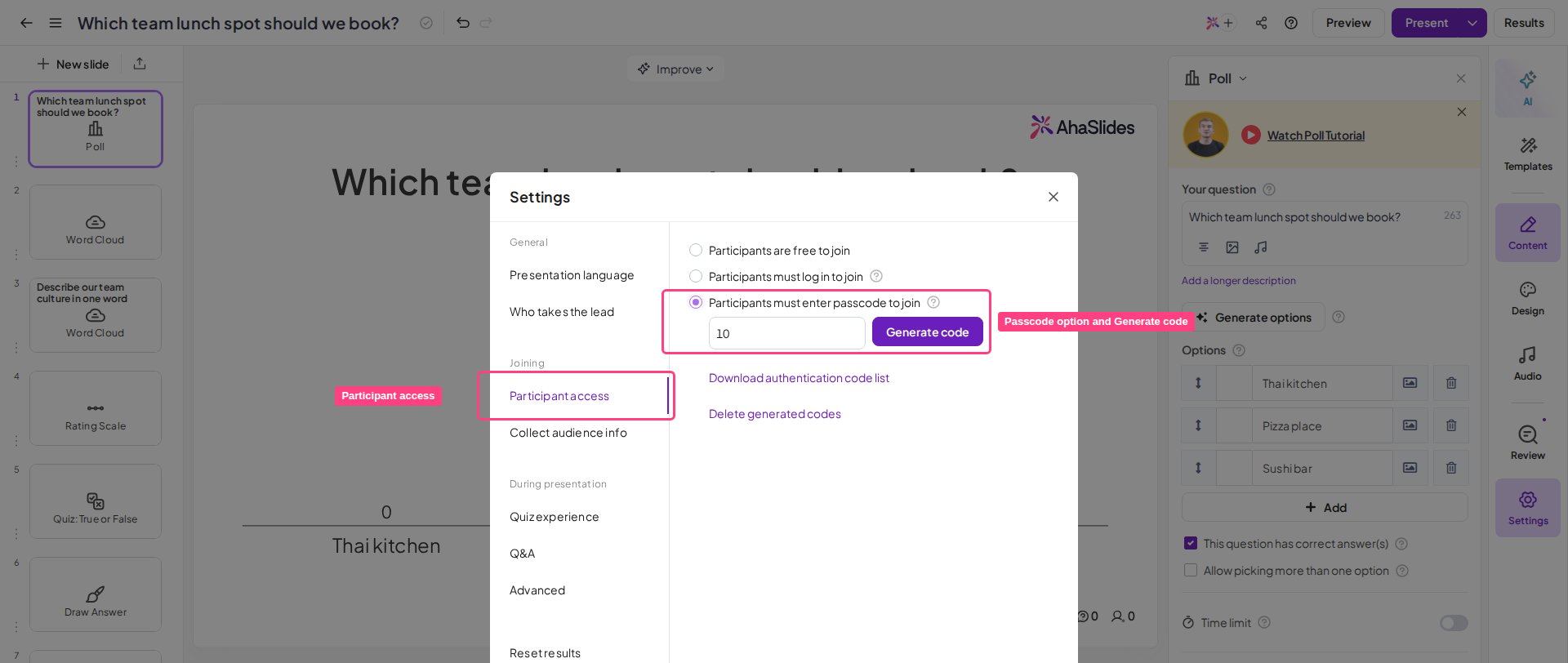 Acceso de participantes en la configuración de AhaSlides con la opción del código de acceso, el cuadro del número de participantes y Generar código resaltados