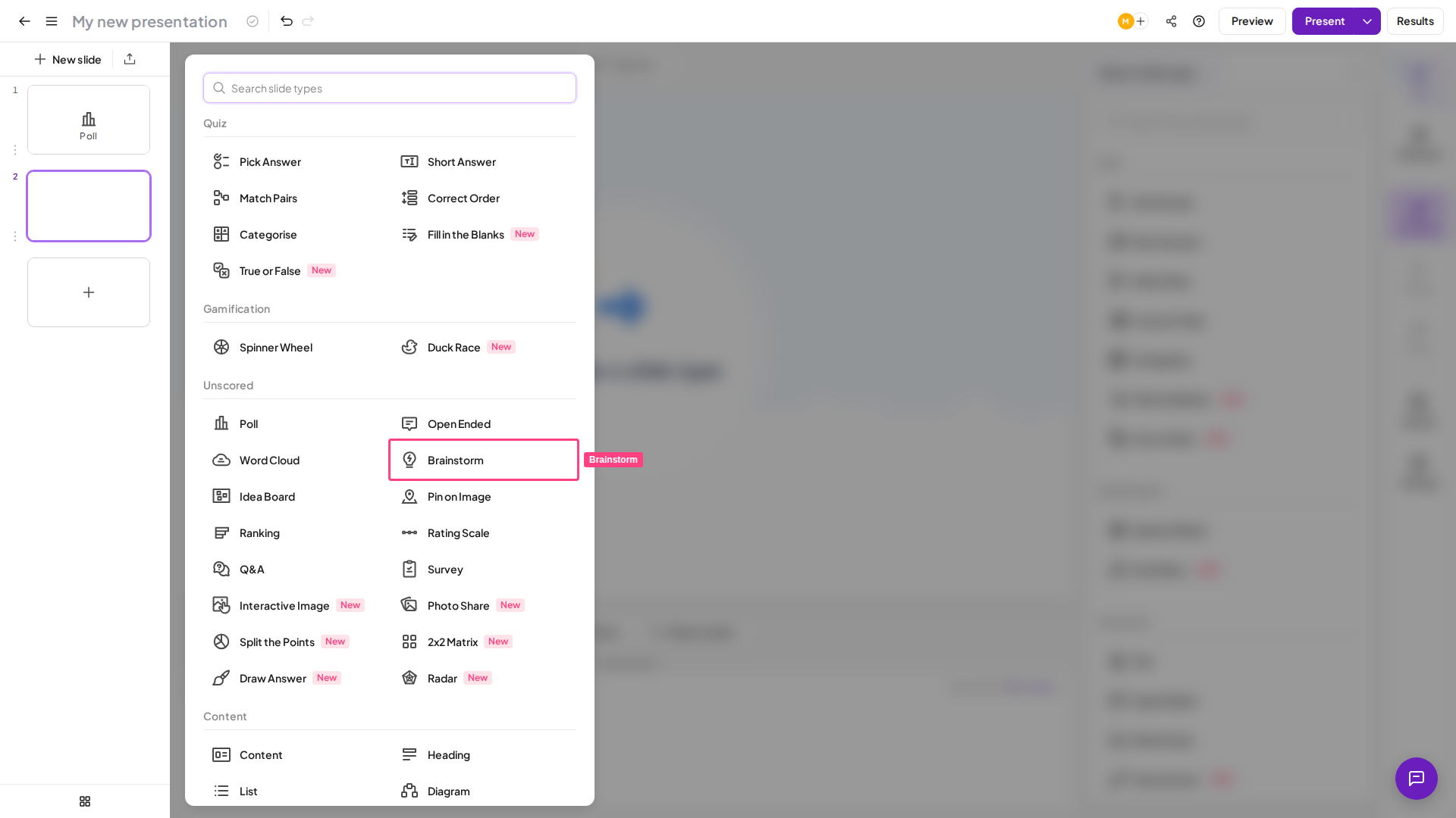 El tipo de diapositiva Brainstorm de AhaSlides resaltado en el selector de tipos de diapositiva