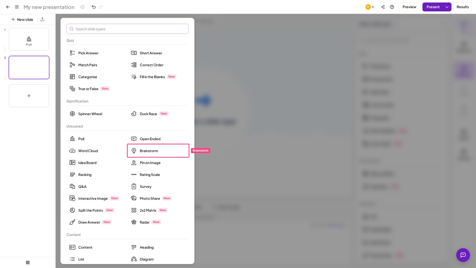 El tipo de diapositiva Brainstorm de AhaSlides resaltado en el selector de tipos de diapositiva