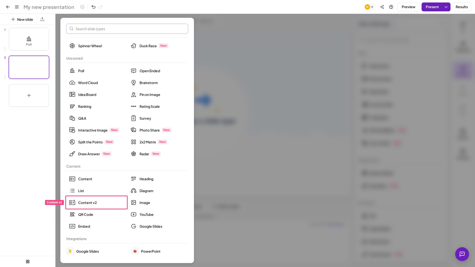 AhaSlides Content v2 slide type highlighted in the slide type picker