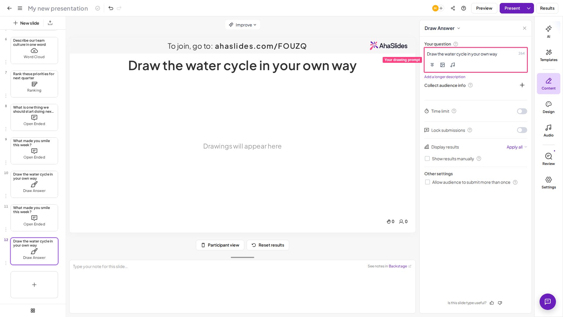 Una diapositiva Draw Answer de AhaSlides en el editor con el enunciado del dibujo escrito en el campo de la pregunta