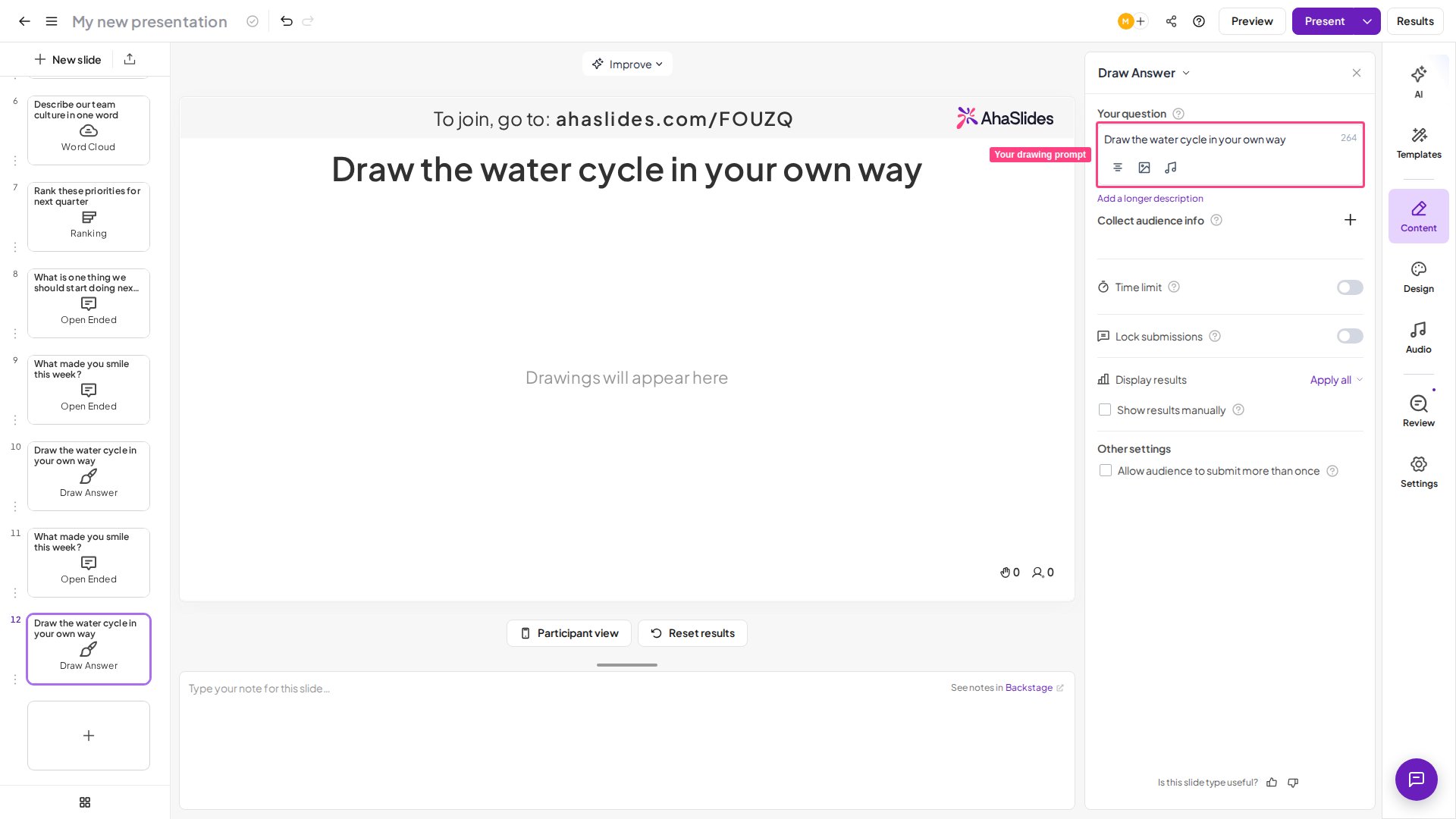 Una diapositiva Draw Answer de AhaSlides en el editor con el enunciado del dibujo escrito en el campo de la pregunta