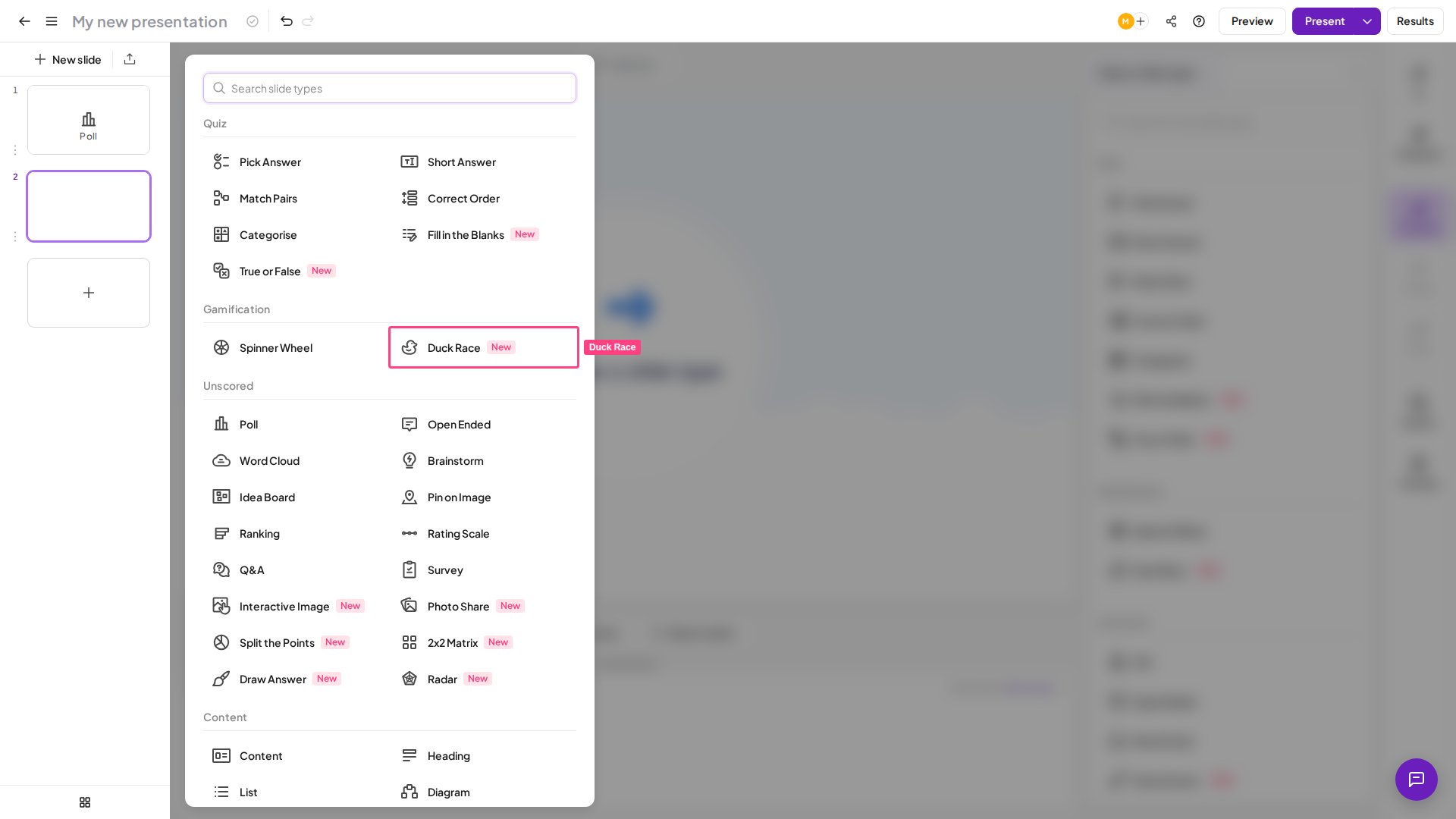 AhaSlides Duck Race slide type highlighted in the Gamification section of the slide type picker