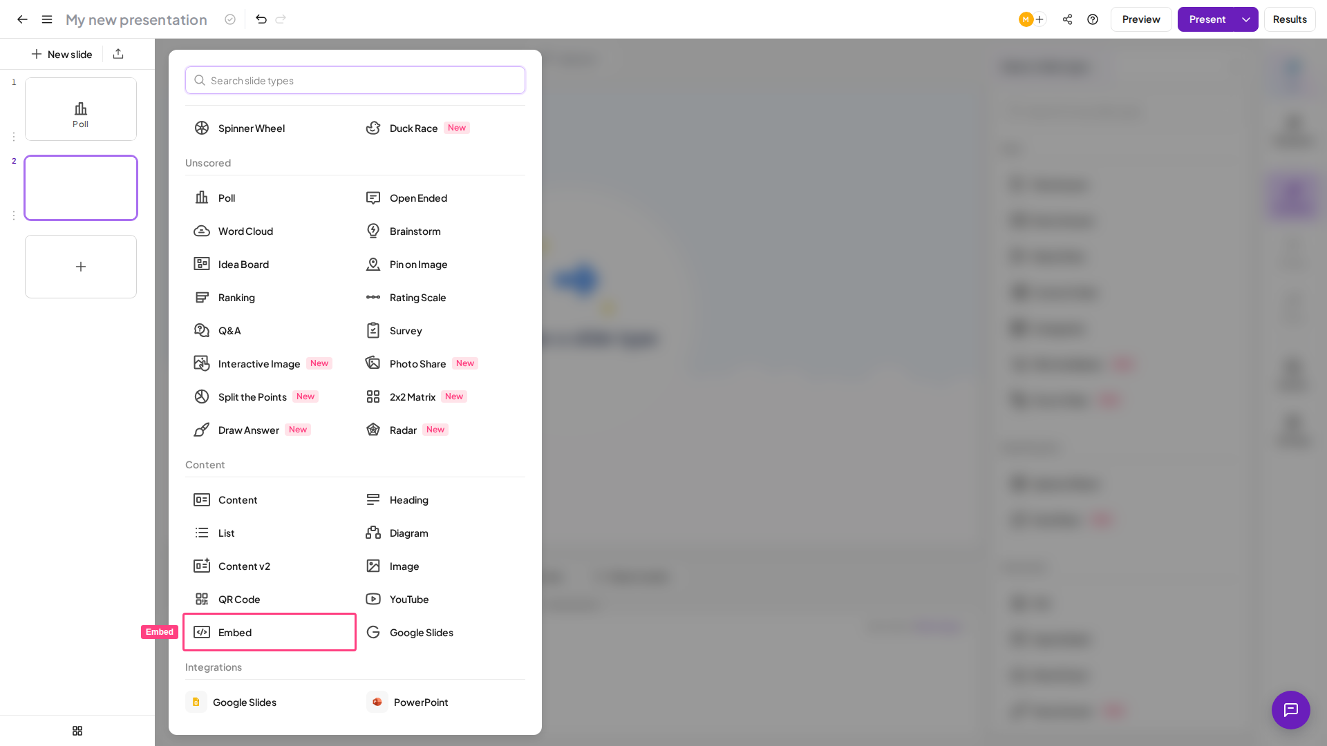 Tipo de diapositiva Embed de AhaSlides resaltado en el selector de tipos de diapositiva