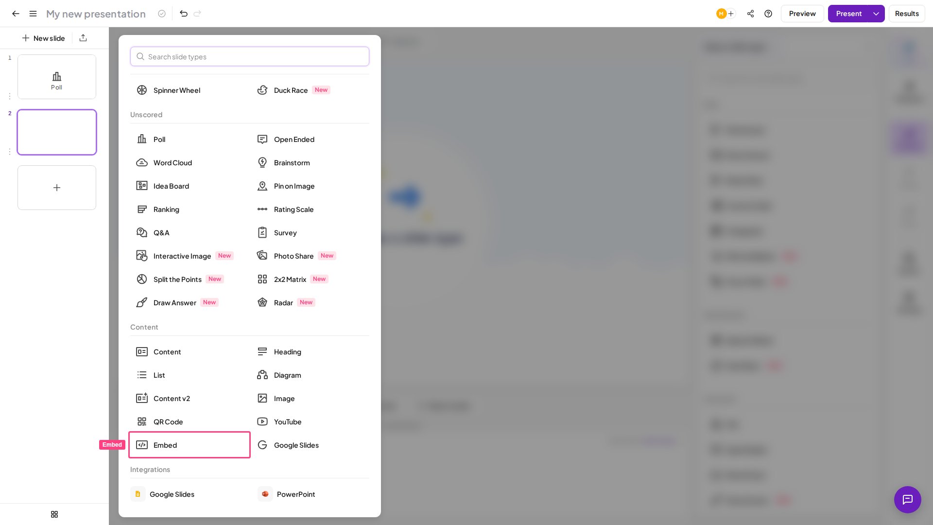 Tipo de diapositiva Embed de AhaSlides resaltado en el selector de tipos de diapositiva