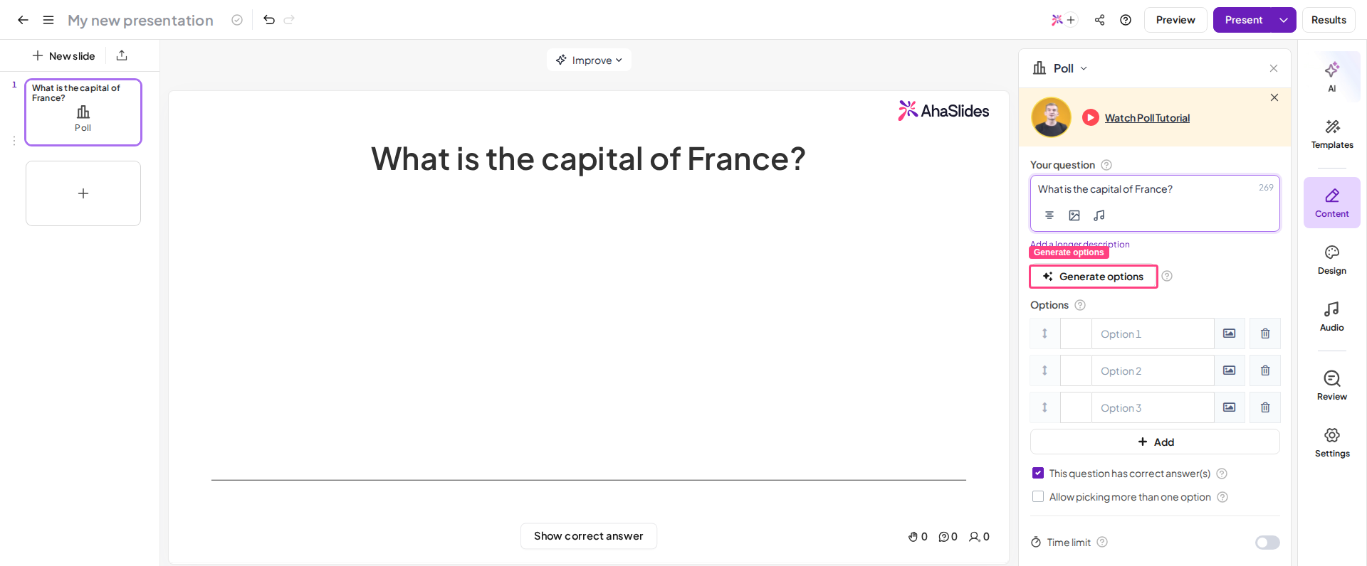 Вкладка «Содержание» слайда Poll в AhaSlides с введённым вопросом и выделенной кнопкой Generate options для ответов от ИИ