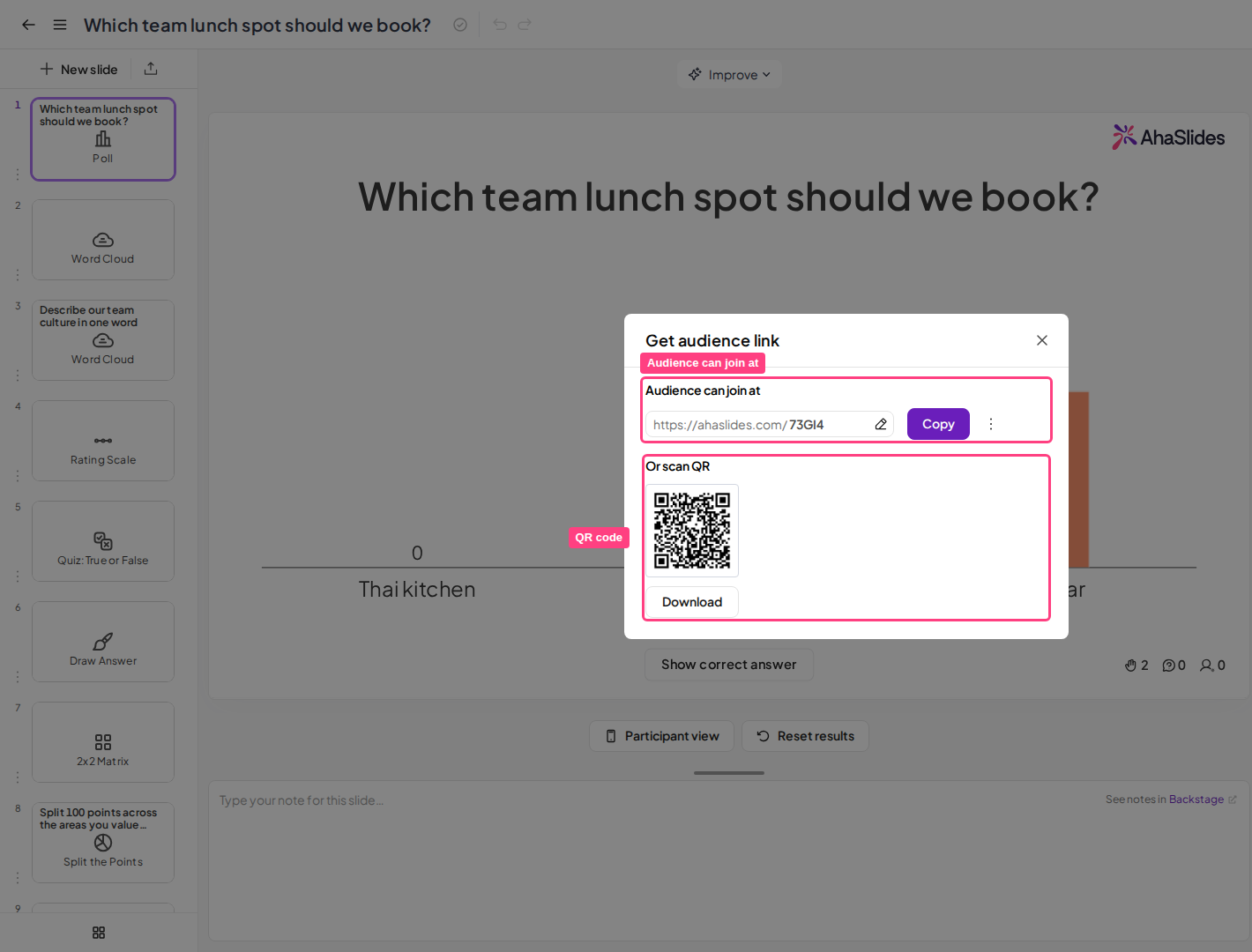 La fenêtre Obtenir le lien du public d'AhaSlides avec l'URL de participation, le bouton Copier et le code QR mis en évidence