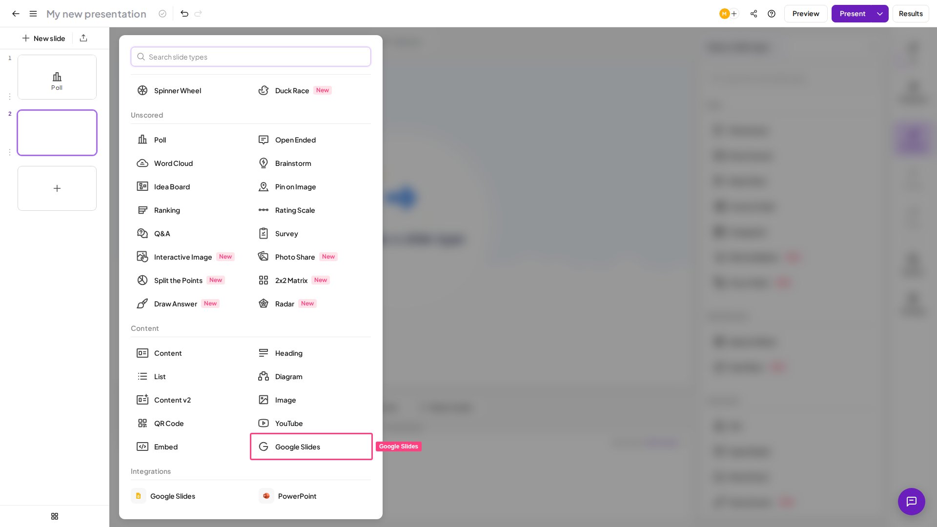 El tipo de diapositiva Google Slides de AhaSlides resaltado en el selector de tipos de diapositiva
