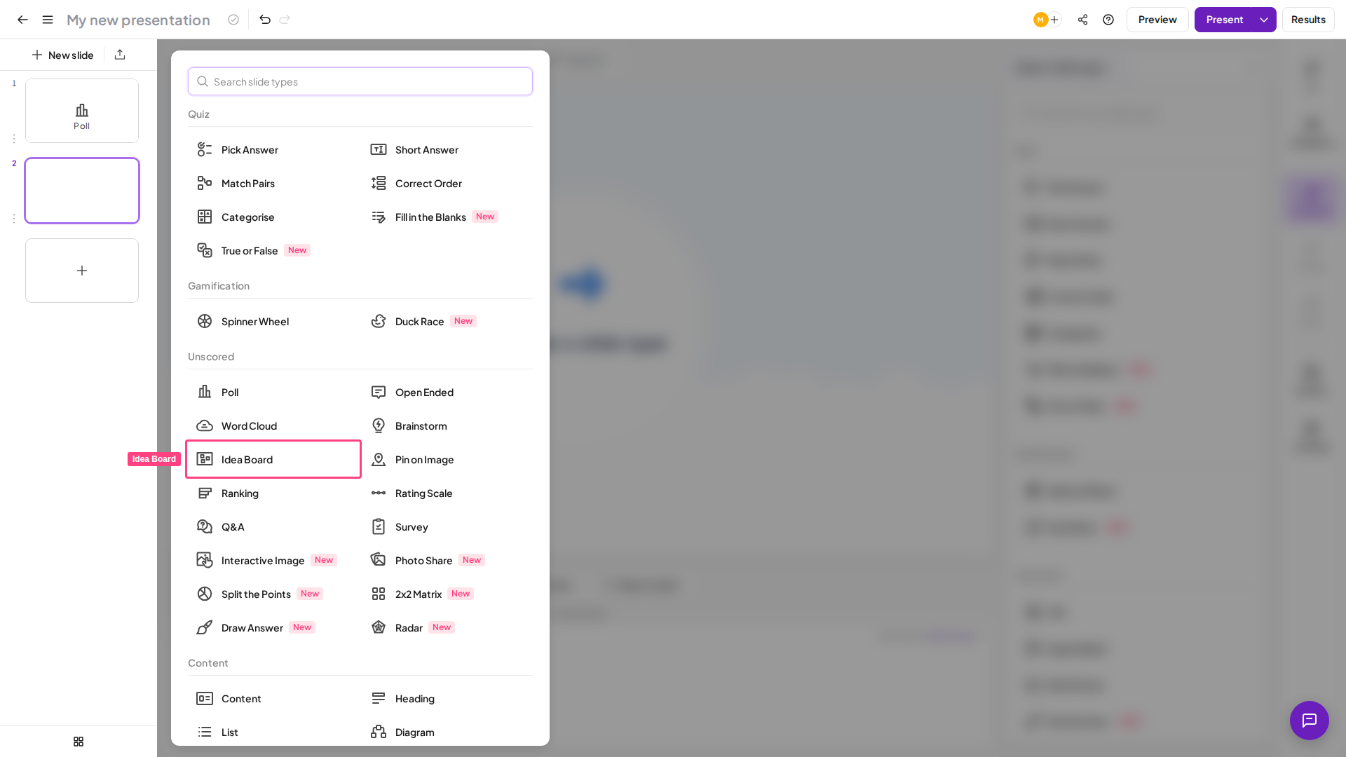 El tipo de diapositiva Idea Board de AhaSlides resaltado en el selector de tipos de diapositiva