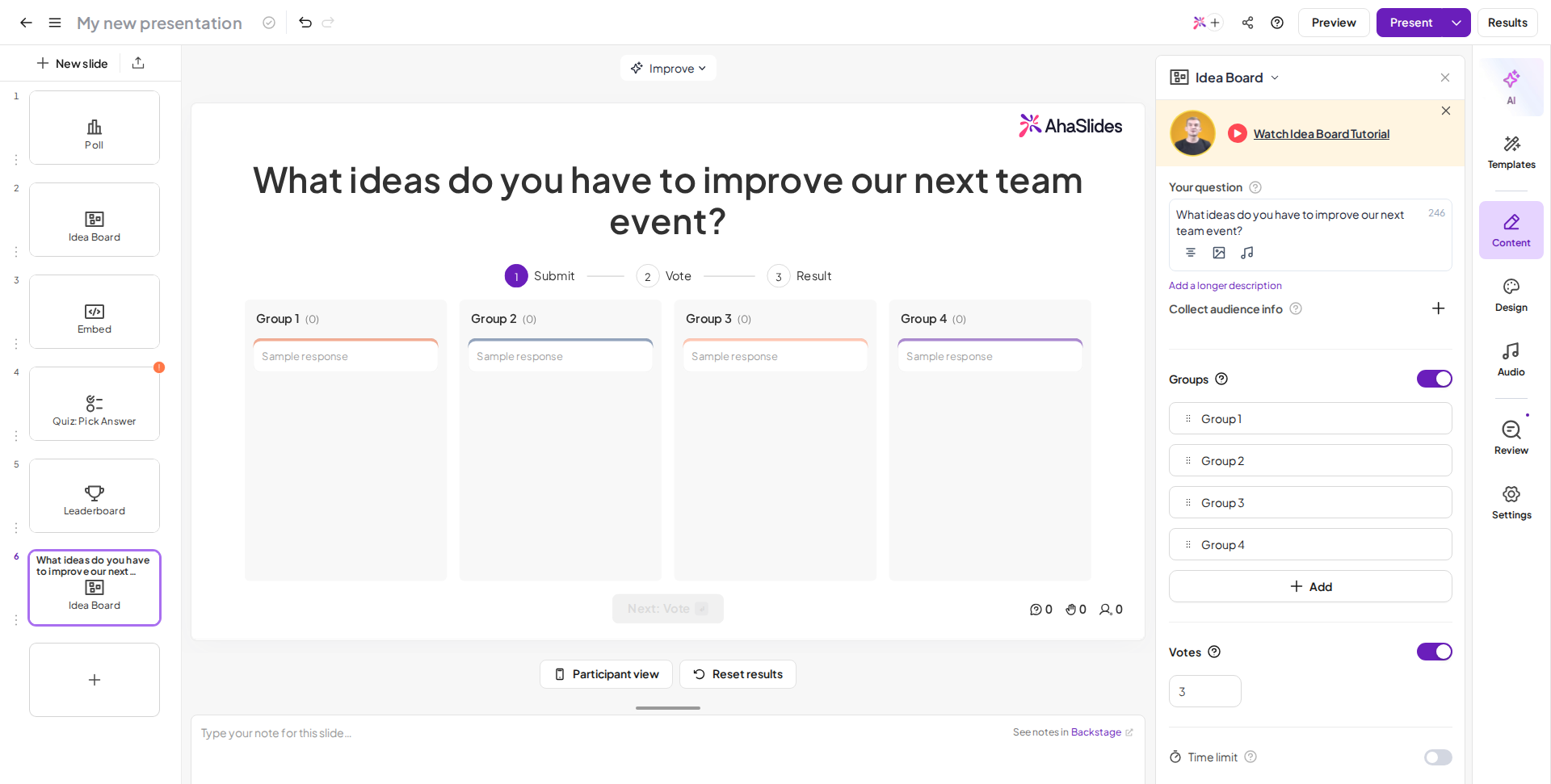 Una diapositiva Idea Board de AhaSlides en el editor con la pregunta y los grupos configurados