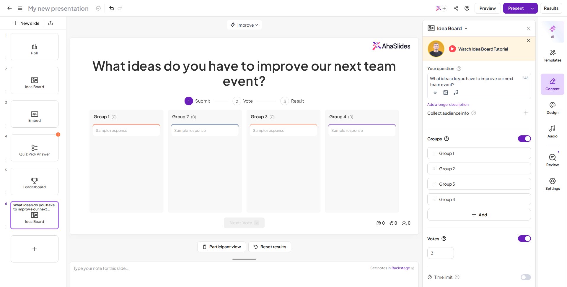 Una diapositiva Idea Board de AhaSlides en el editor con la pregunta y los grupos configurados