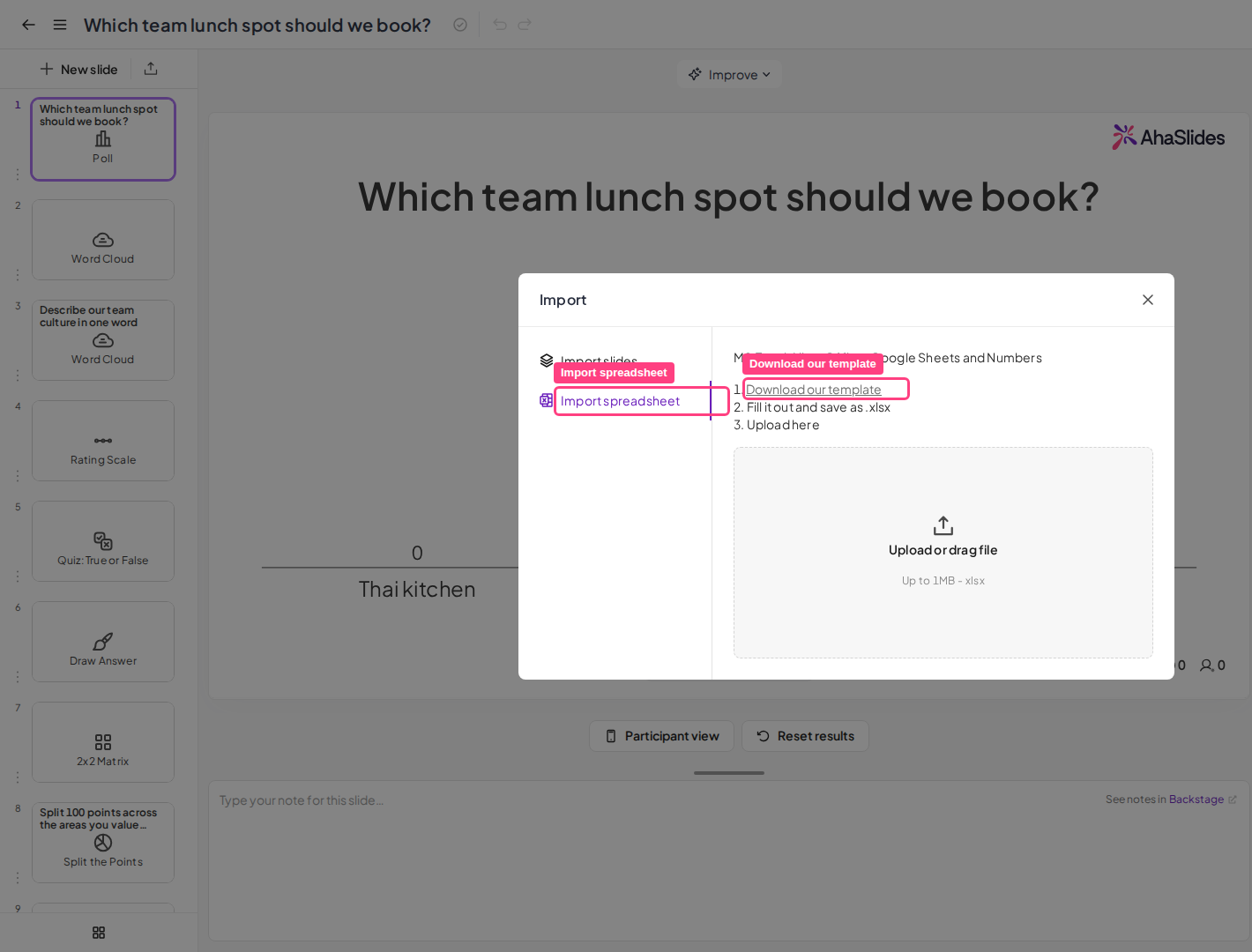 El cuadro Import spreadsheet de AhaSlides con el enlace Download our template resaltado para la plantilla de preguntas de quiz