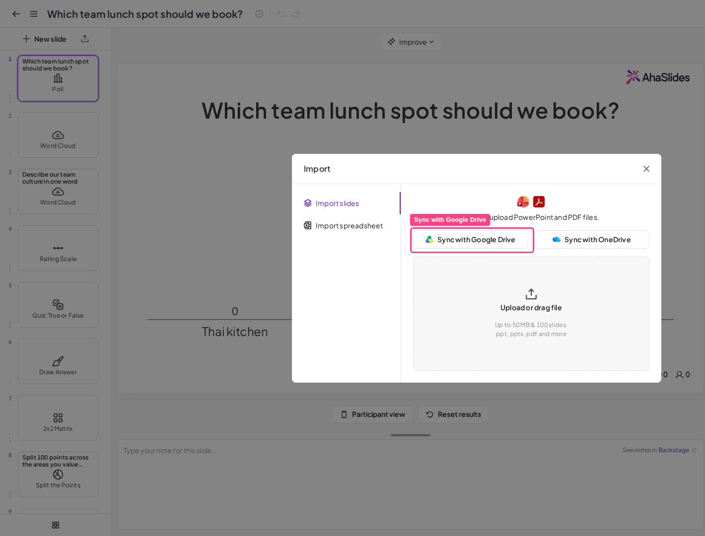 The Import slides dialog in AhaSlides with the Sync with Google Drive option highlighted