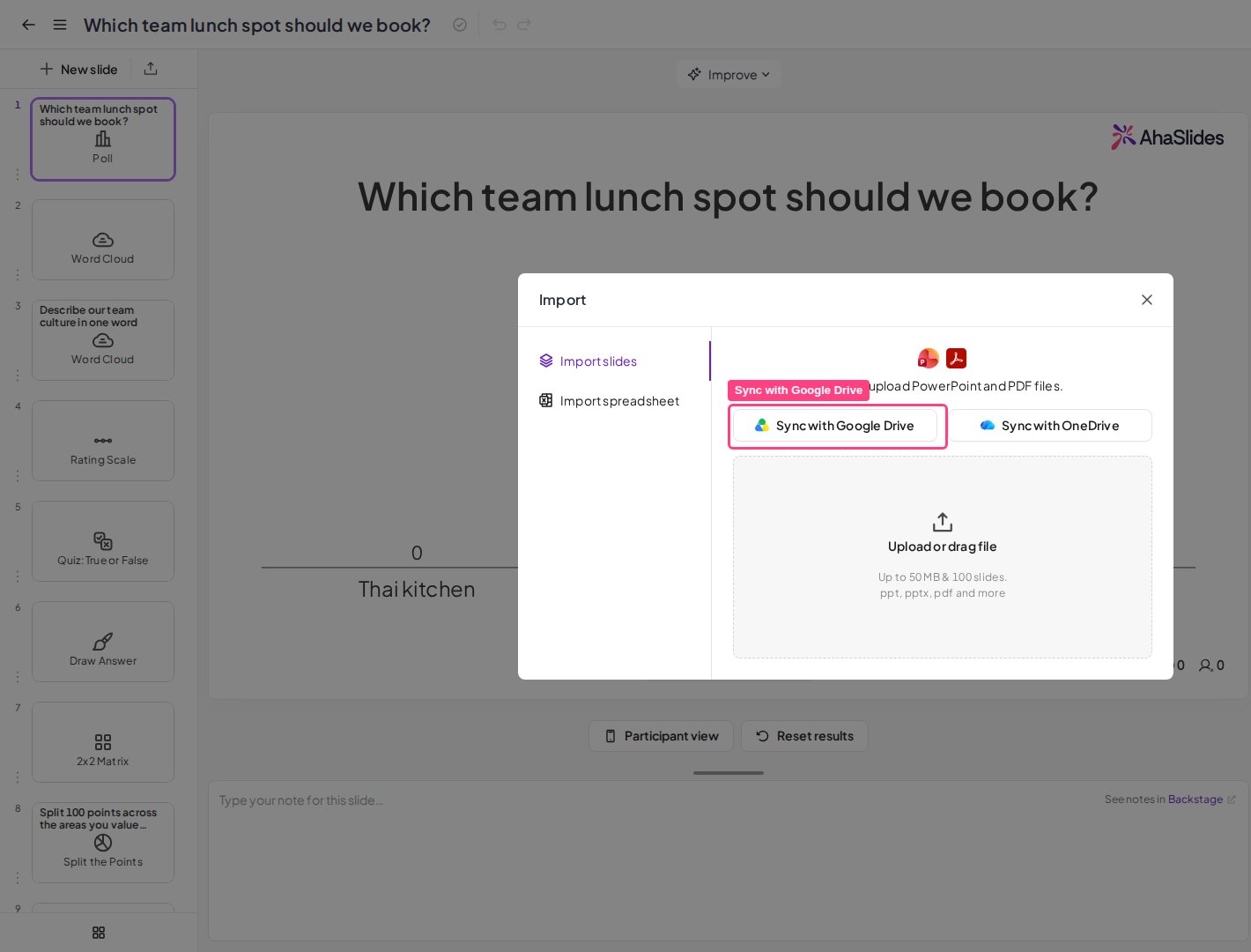 The Import slides dialog in AhaSlides with the Sync with Google Drive option highlighted