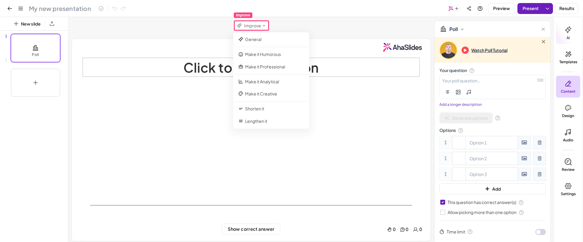 El menú Mejorar abierto en el editor de AhaSlides, con las opciones de tono, estilo y longitud para pulir el texto de las diapositivas