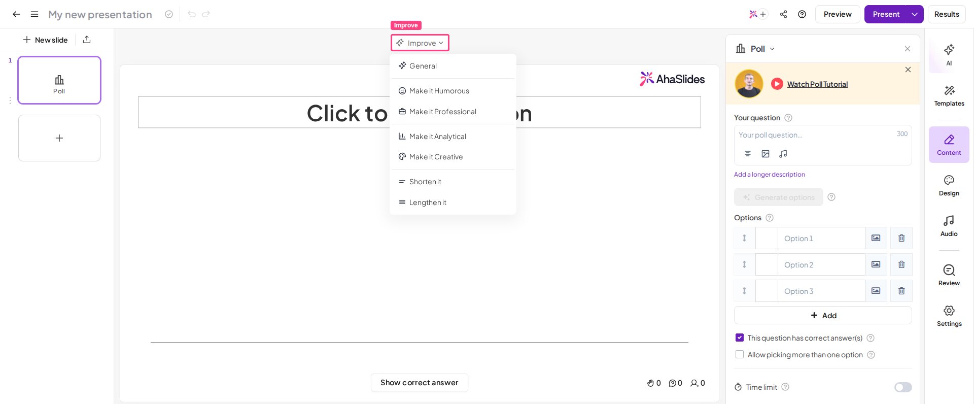 El menú Mejorar abierto en el editor de AhaSlides, con las opciones de tono, estilo y longitud para pulir el texto de las diapositivas