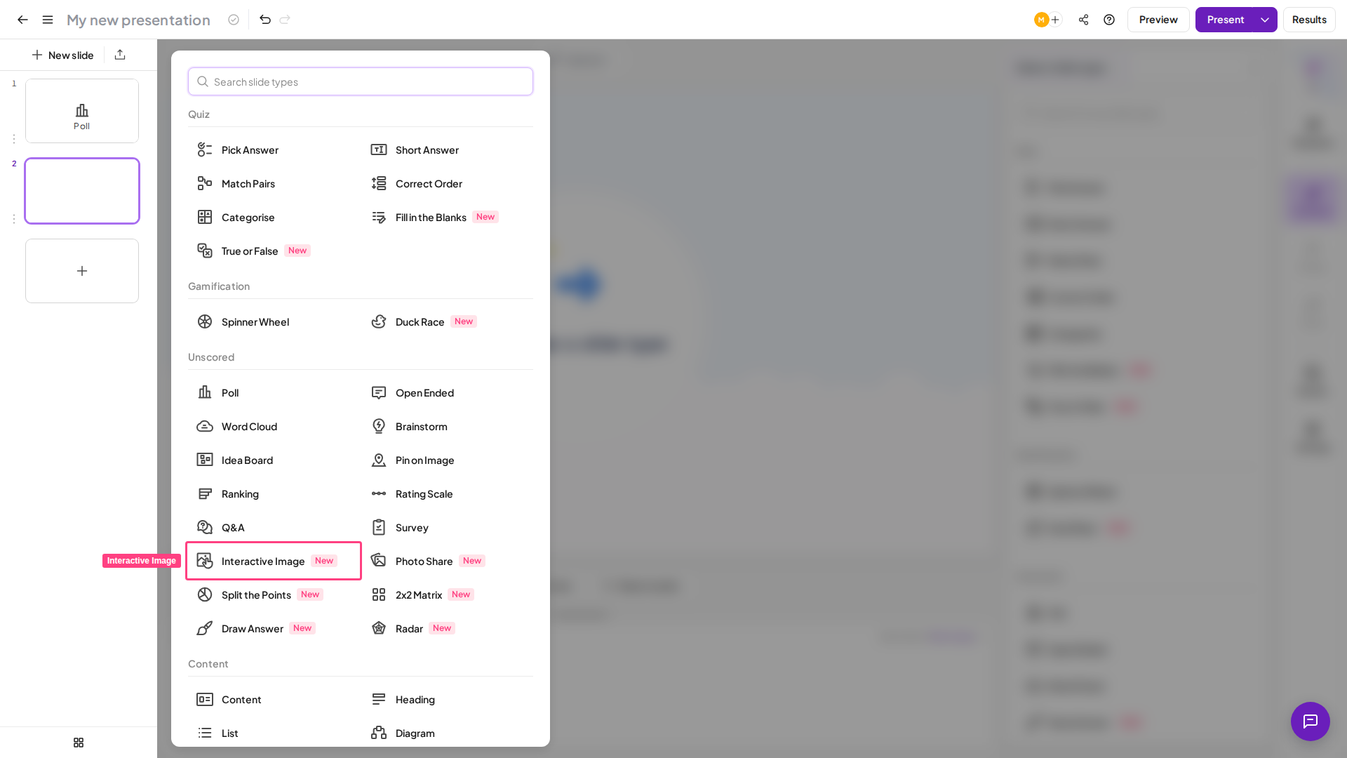 The AhaSlides slide type picker with the Interactive image tile highlighted
